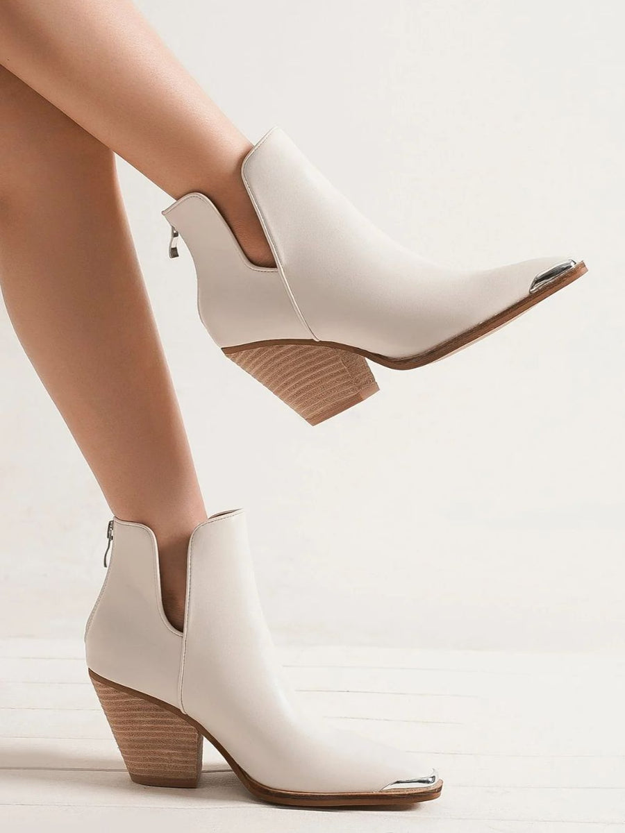 Beast Fashion Pointed Metal-Tip Toe Block Heel Ankle Boots - Opulent Empire