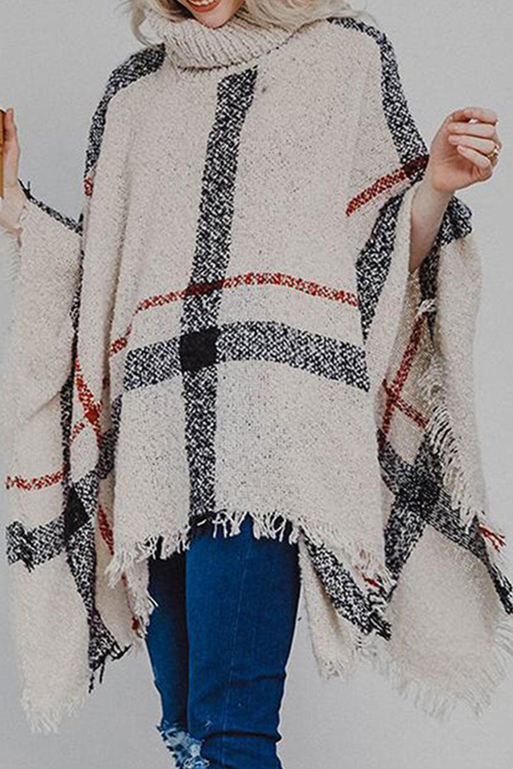Sasha Versailles — Plaid Turtleneck Raw Hem Poncho, alternate view 2