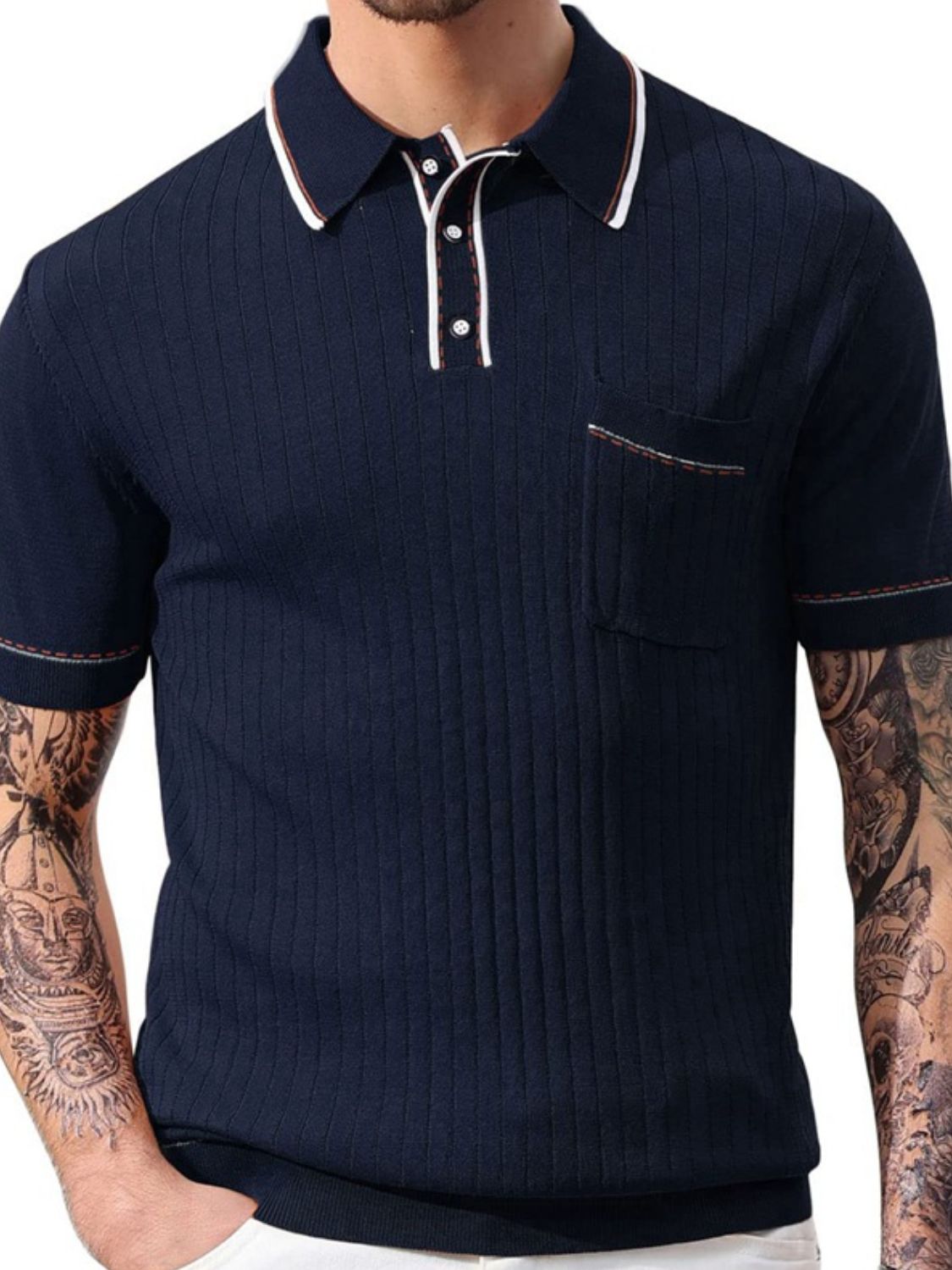 Stefan — Men's Plus Size Button Detail Short Sleeve Polo Navy Men's Tailored Shorts