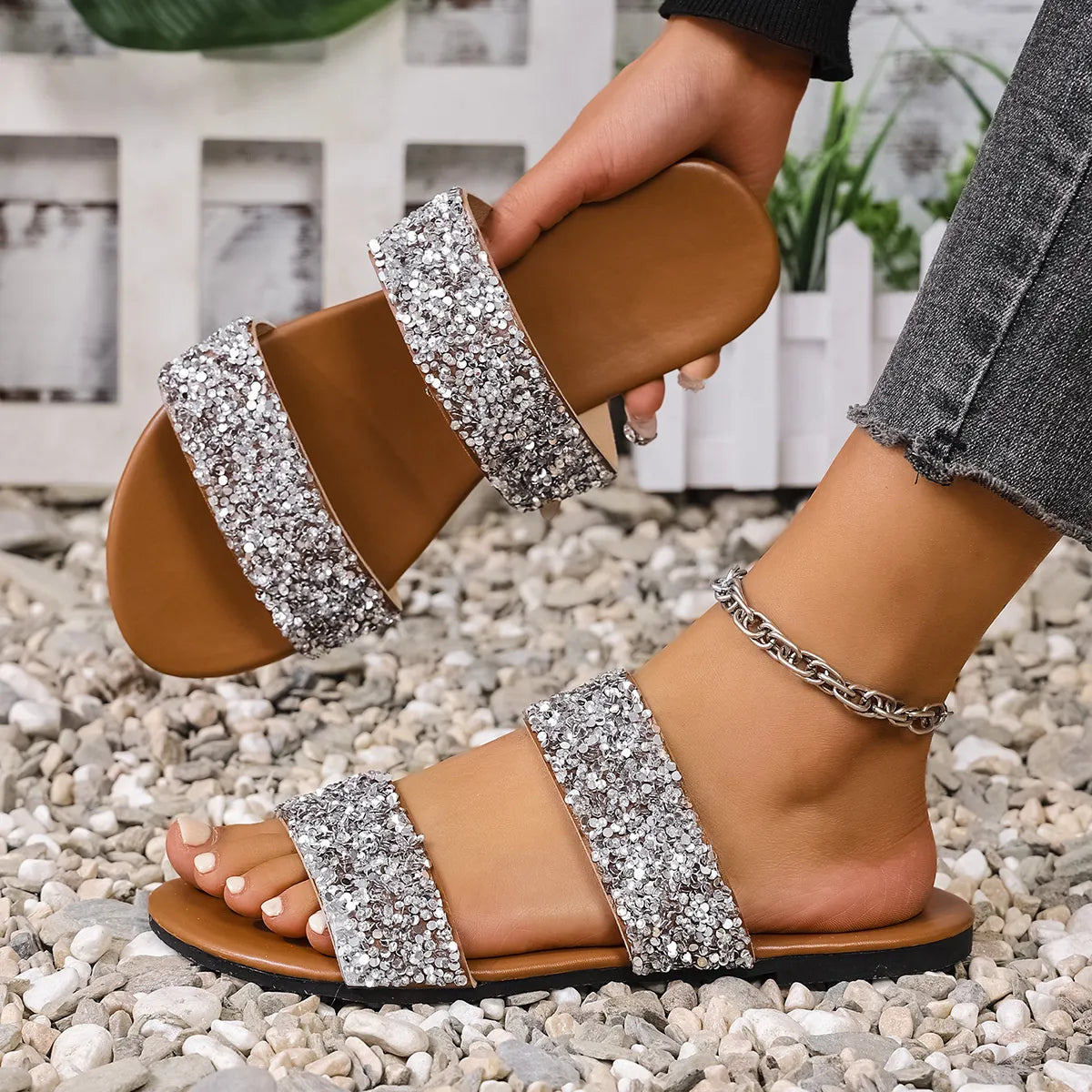 Harbor Marino — Sequin Open Toe Flats Sandals Fashion Footwear, alternate view 11