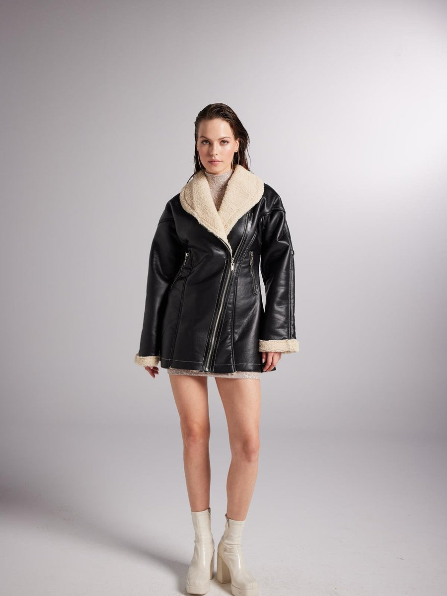 Monero Black Vegan Faux Leather Coat with Fur Lining