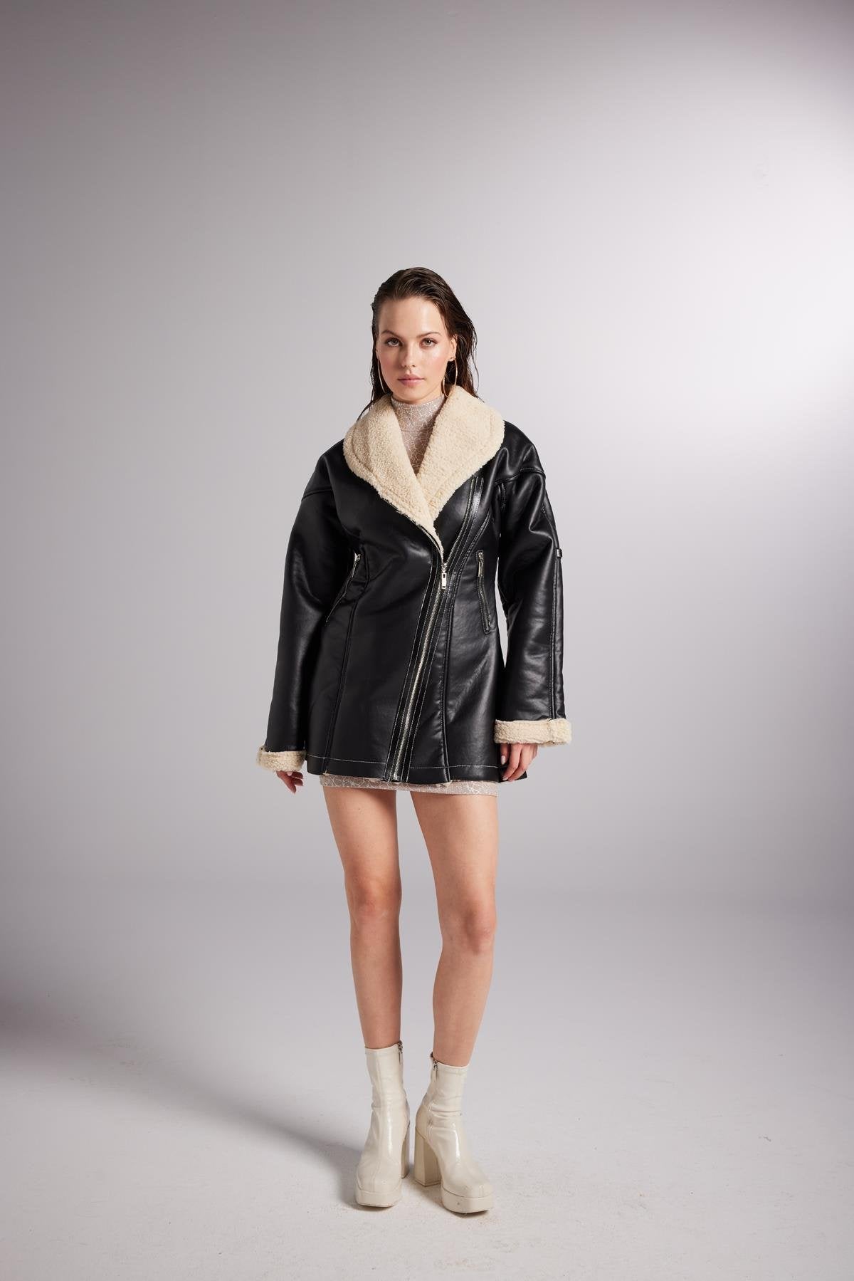 Monero — Black Vegan Faux Leather Coat with Fur Lining, alternate view 4