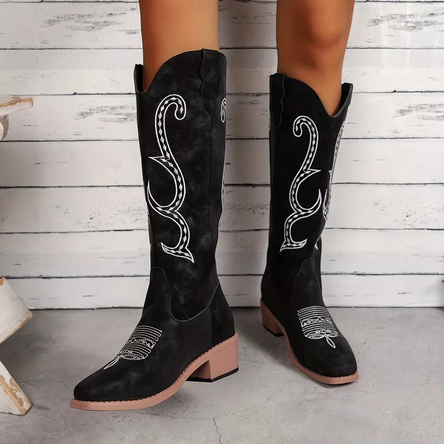 Perrin Marino — Embroidered Round Toe Block Heels Boots Fashion Footwear