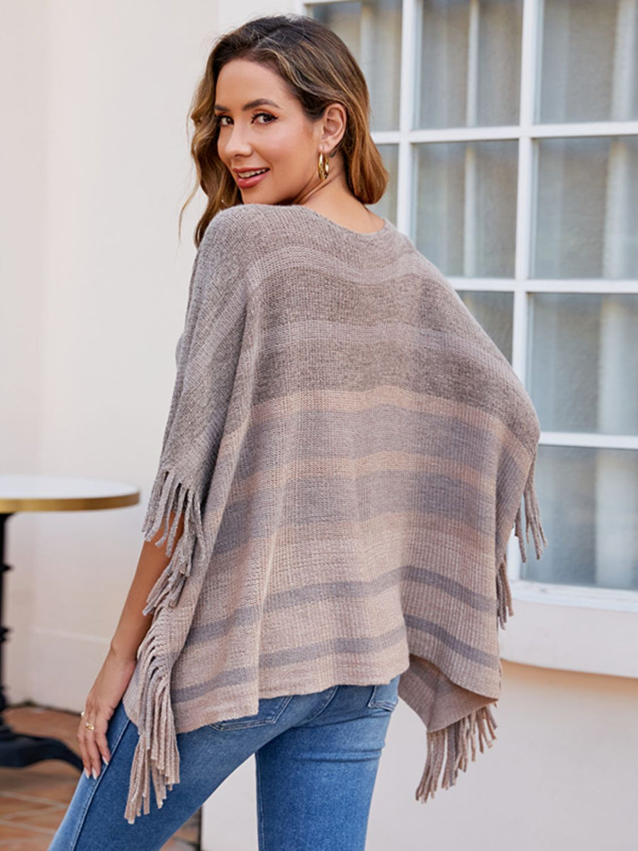 Emery Versailles — Striped Boat Neck Poncho with Fringes, alternate view 2
