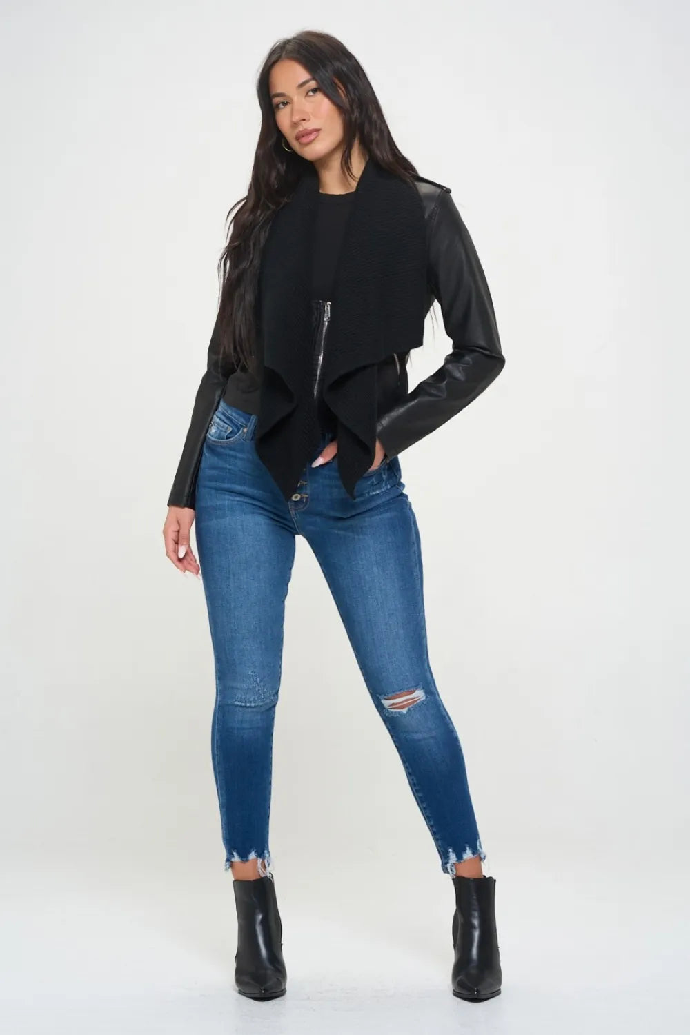 Marlowe Saint-Clair — Coalition LA Knit Collared Faux Leather Crop Jacket, alternate view 4