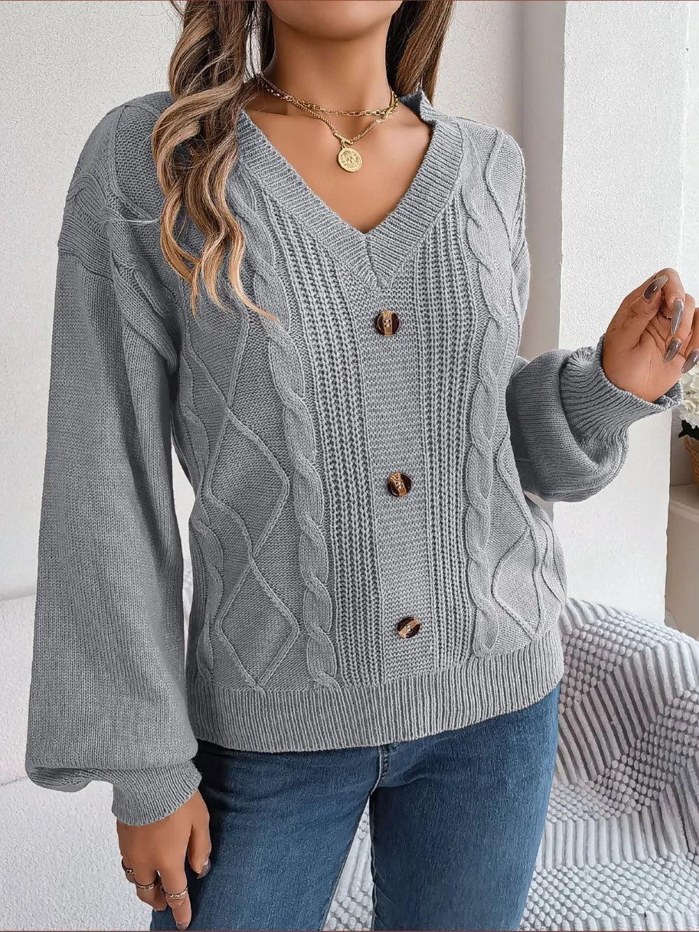 Quinn Rivière — Cable-Knit Buttoned V-Neck Sweater, alternate view 3