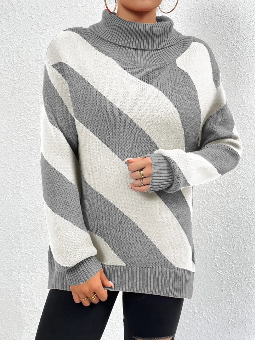True Valmont — Striped Turtleneck Dropped Shoulder Sweater, alternate view 5