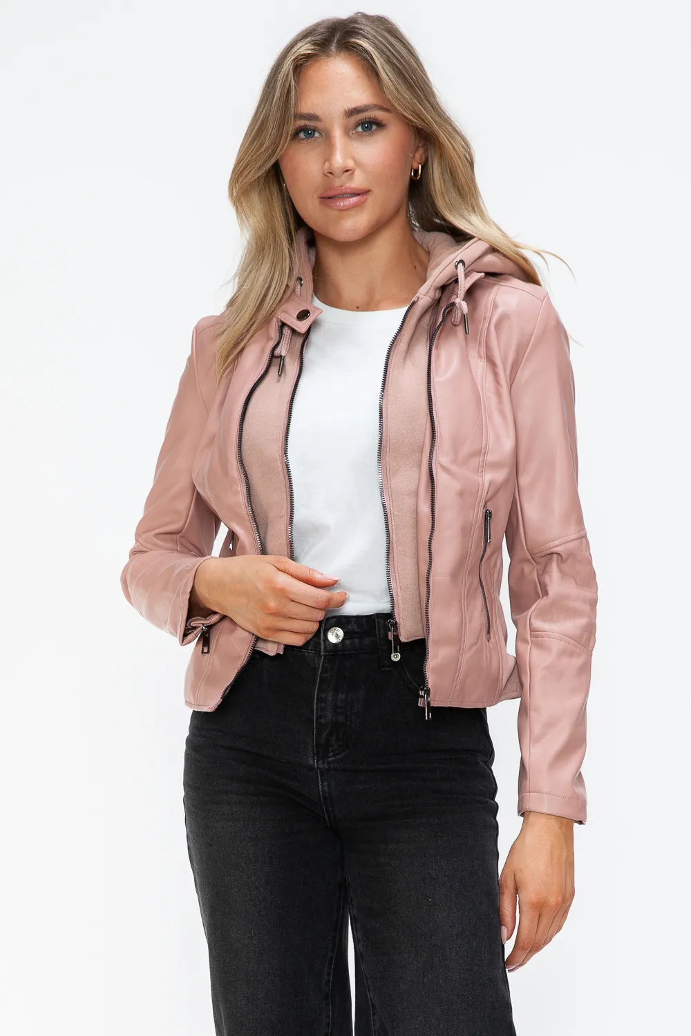 Rain Rosetti — Snobbish Faux Leather Zip Up Drawstring Hooded Jacket, alternate view 17