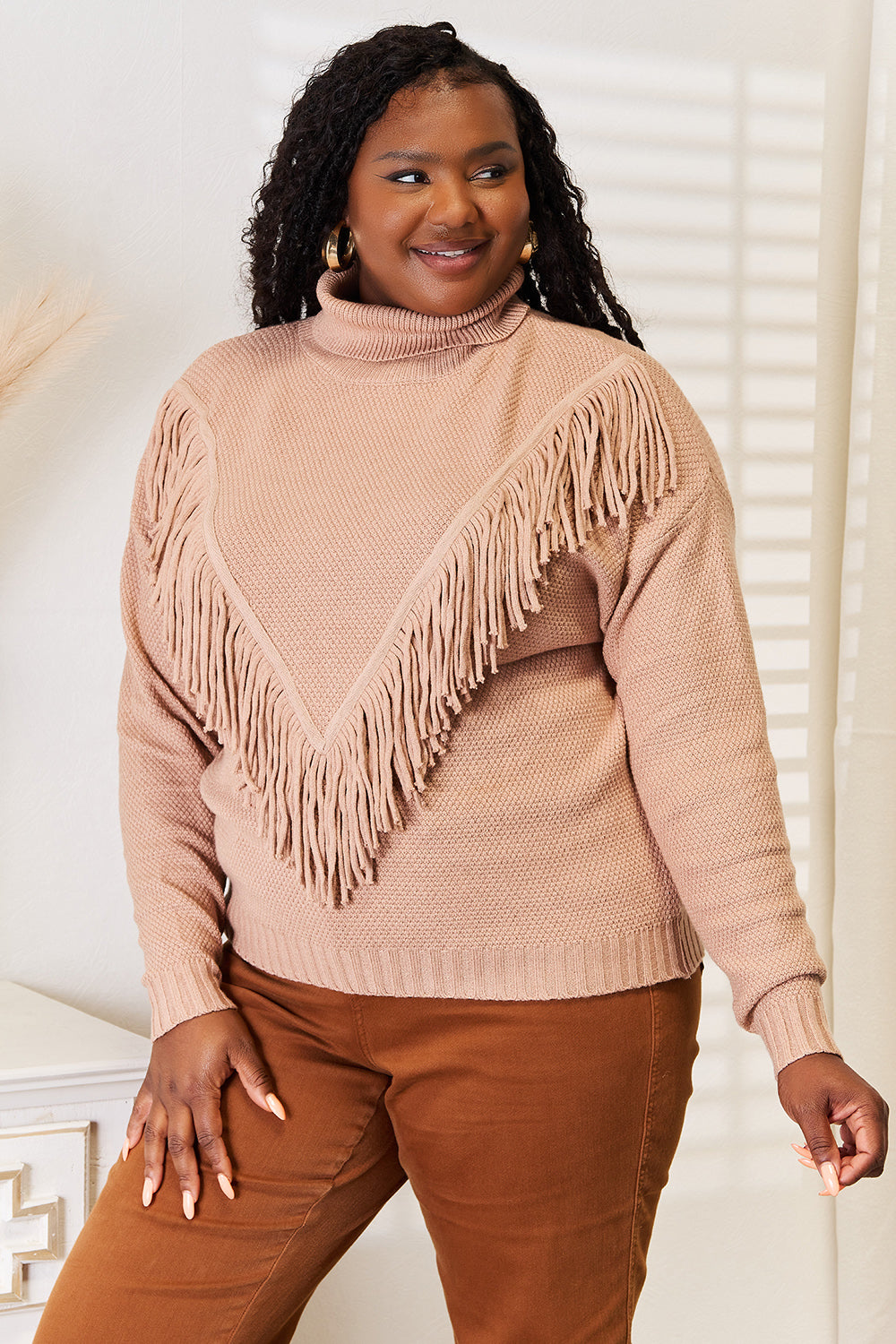 Cove Fontaine — Woven Right Turtleneck Fringe Front Long Sleeve Sweater, alternate view 6