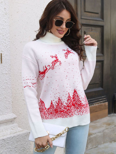 Reindeer & Snow Pattern Turtle Neck Pullover Sweater