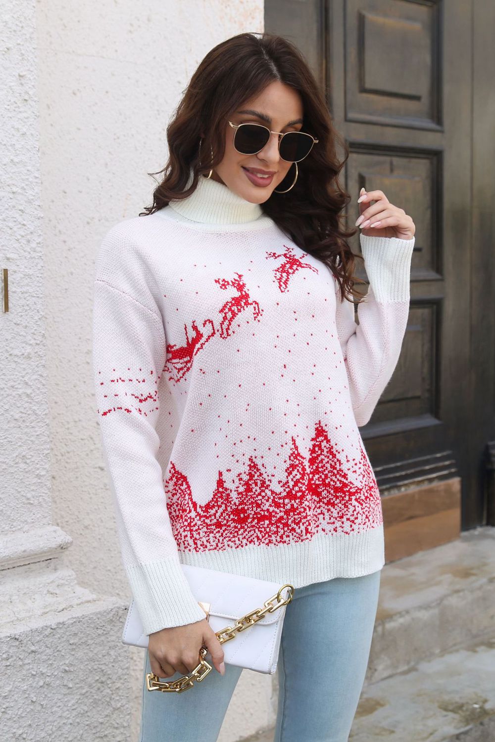 Ellis Rivière — Reindeer & Snow Pattern Turtle Neck Pullover Sweater, alternate view 7