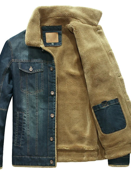 Men's Denim Jacket with Velvet Lining and Fur Collar, Slim Fit Outerwear