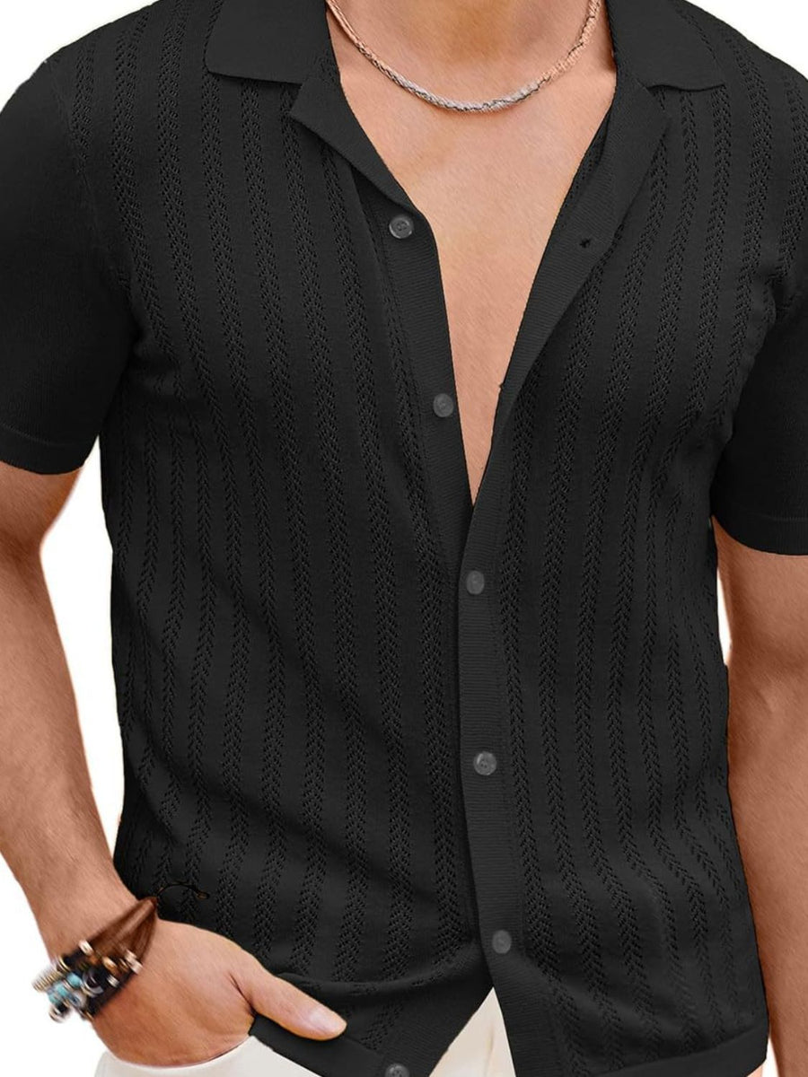 Men's Full Size Openwork Button Down Short Sleeve Shirt Plus Size - Opulent Empire