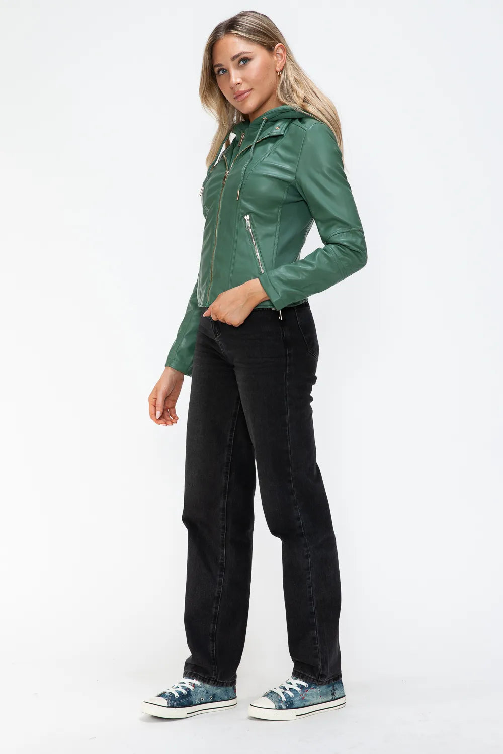 Winter Rosetti — Snobbish Faux Leather Zip Up Drawstring Hooded Jacket, alternate view 28