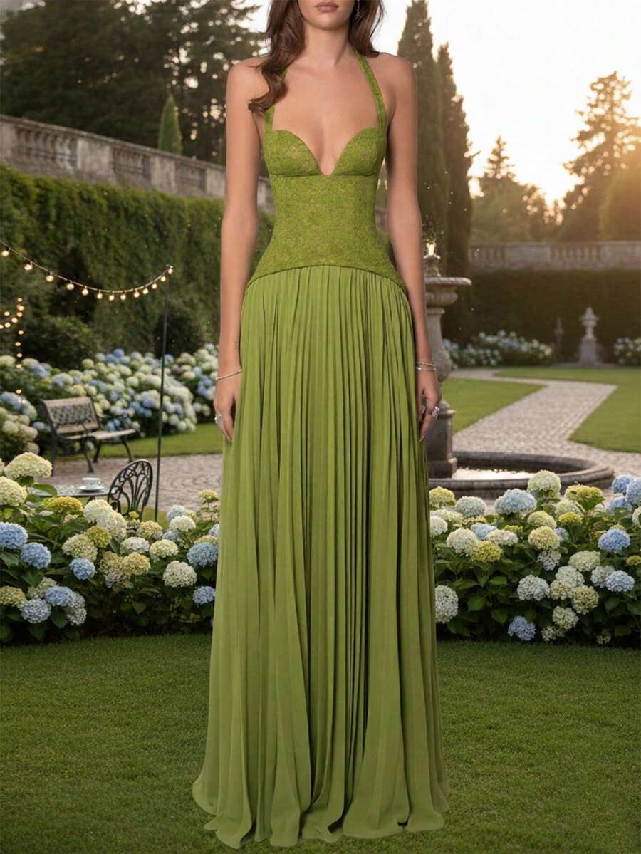 Reese Capri — Low-Cut Strappy Pleated Maxi Dress