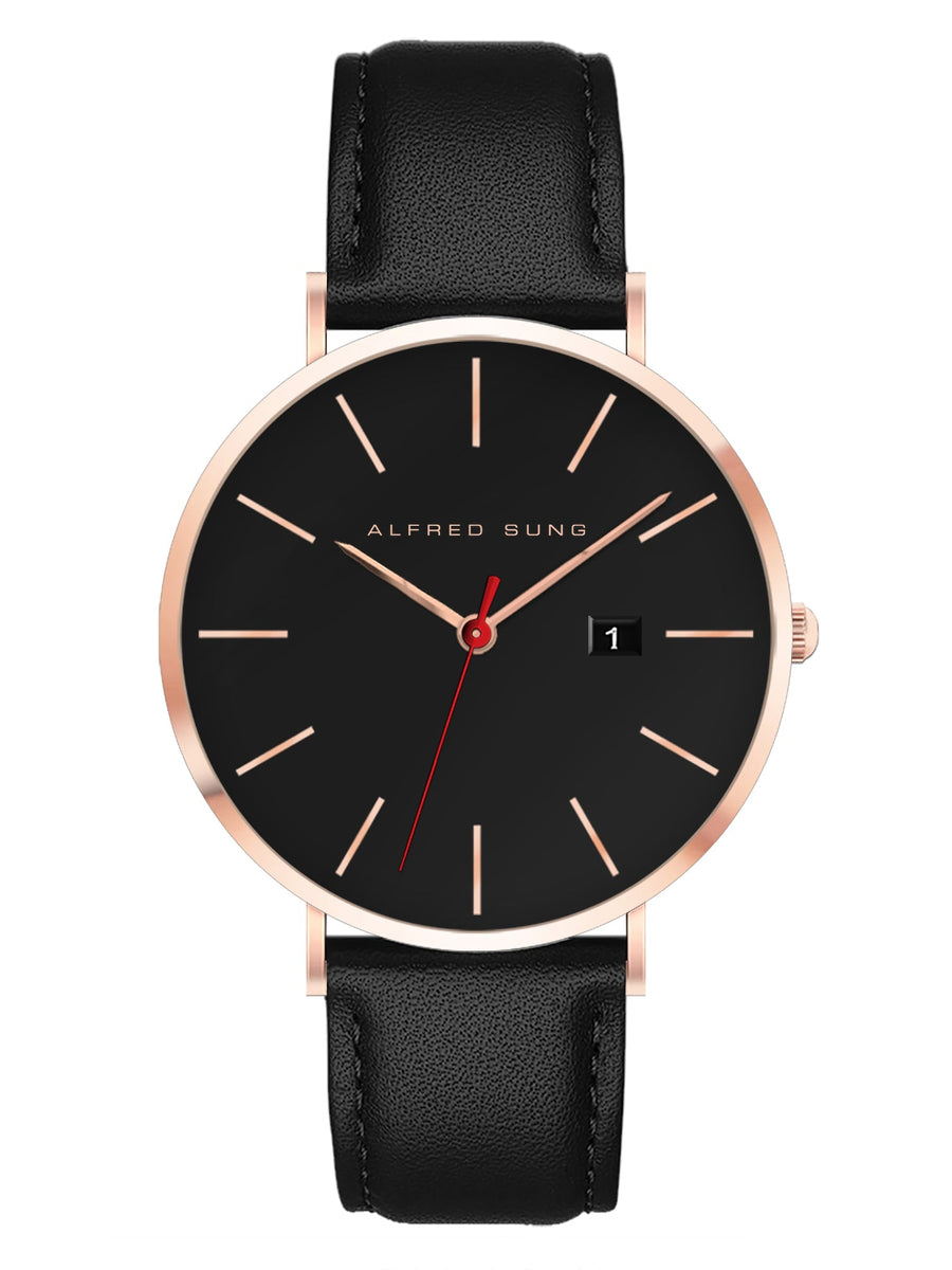 Alfred Sung Metropolitan Date Black Dial Black Leather Strap watch