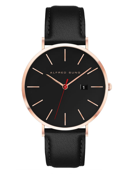 Alfred Sung Metropolitan Date Black Dial Black Leather Strap watch