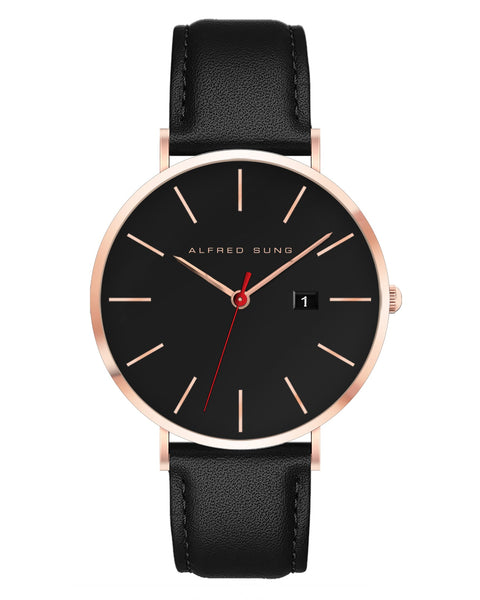 Alfred Sung Metropolitan Date Black Dial Black Leather Strap watch