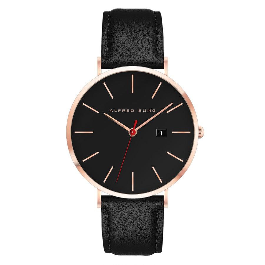 Alfred Sung Metropolitan Date Black Dial Black Leather Strap watch — Metropolitan Date Black Dial Black…