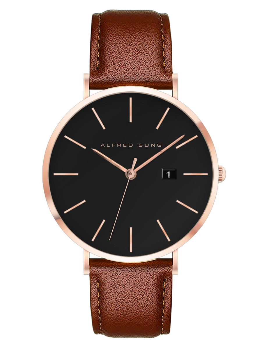 Alfred Sung Metropolitan Date Black Dial Brown Leather strap watch