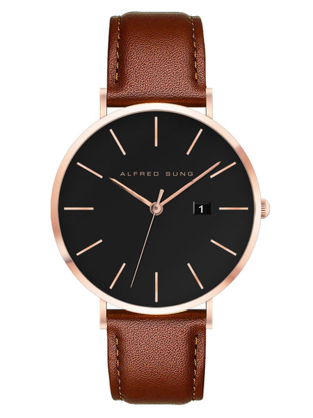 Alfred Sung Metropolitan Date Black Dial Brown Leather strap watch