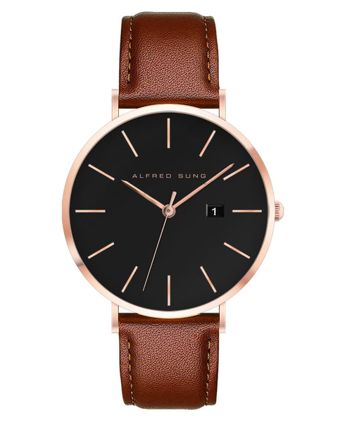 Alfred Sung Metropolitan Date Black Dial Brown Leather strap watch