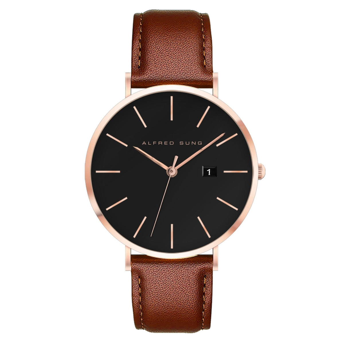Alfred Sung Metropolitan Date Black Dial Brown Leather strap watch — Metropolitan Date Black Dial Brown…