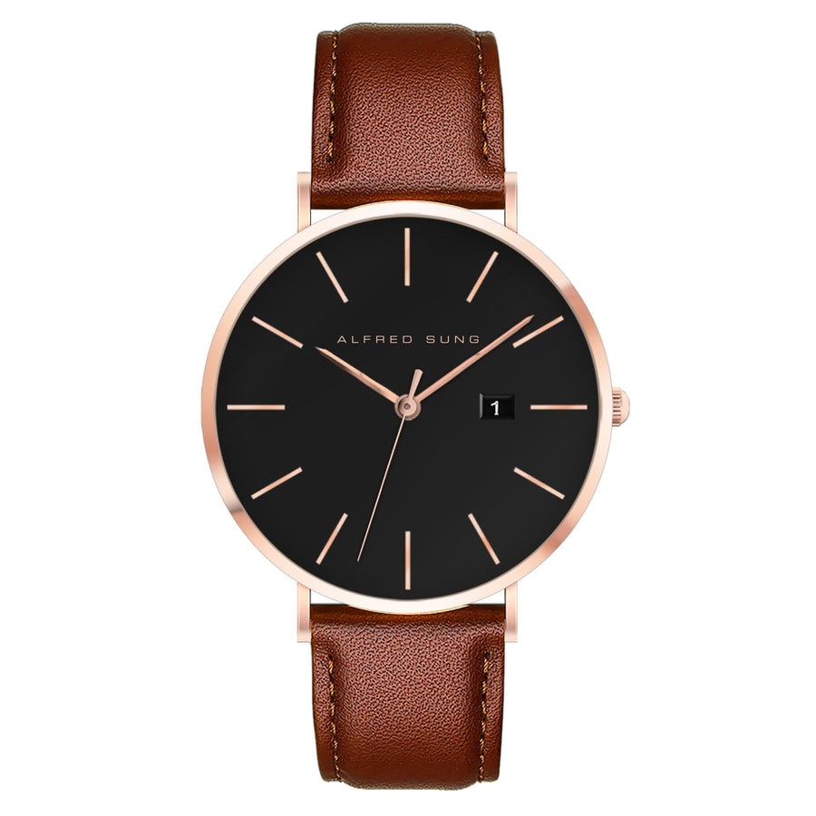 Alfred Sung Metropolitan Date Black Dial Brown Leather strap watch — Metropolitan Date Black Dial Brown…