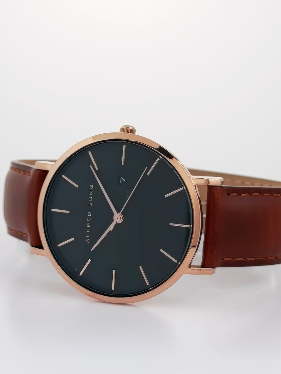 Alfred Sung Metropolitan Date Black Dial Brown Leather strap watch