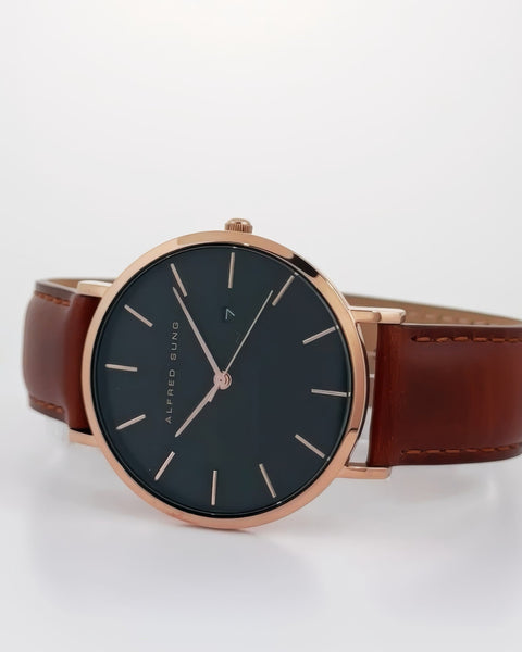 Alfred Sung Metropolitan Date Black Dial Brown Leather strap watch
