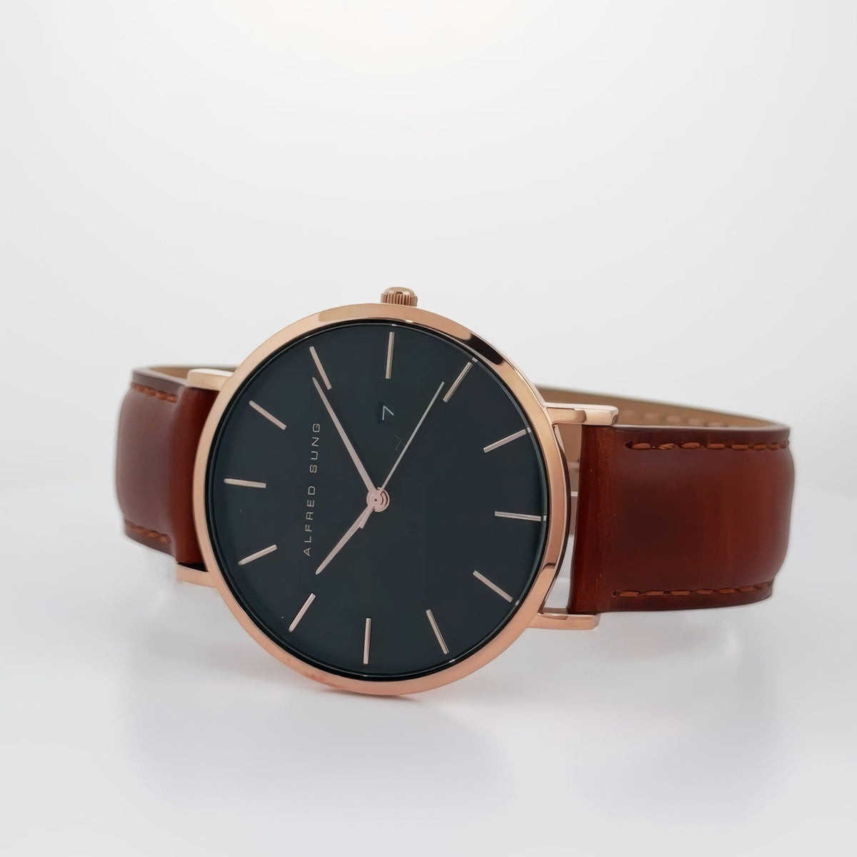 Alfred Sung Metropolitan Date Black Dial Brown Leather strap watch — Metropolitan Date Black Dial Brown…, alternate view 2