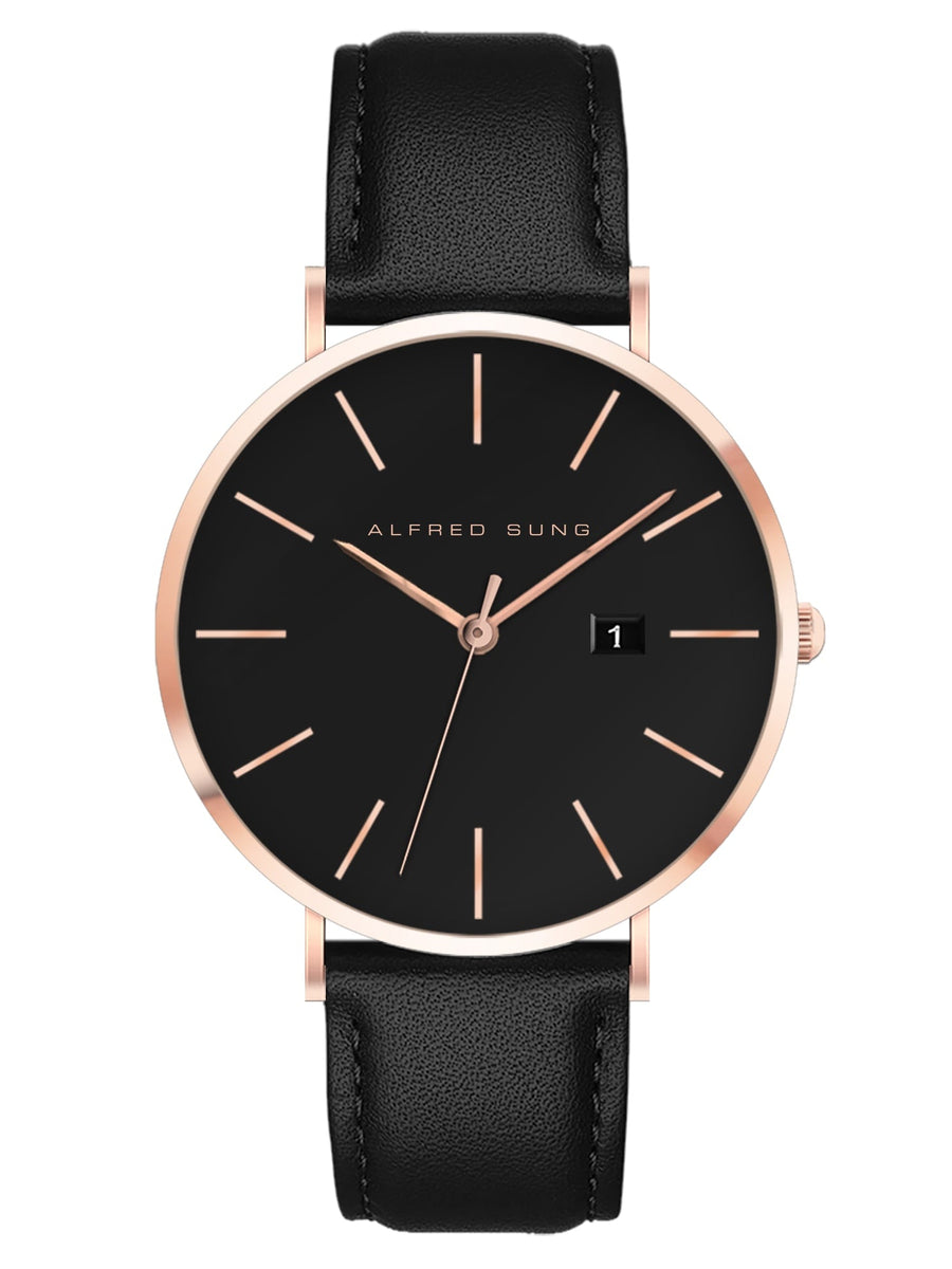 Alfred Sung Metropolitan Date Black Dial Black Leather strap watch