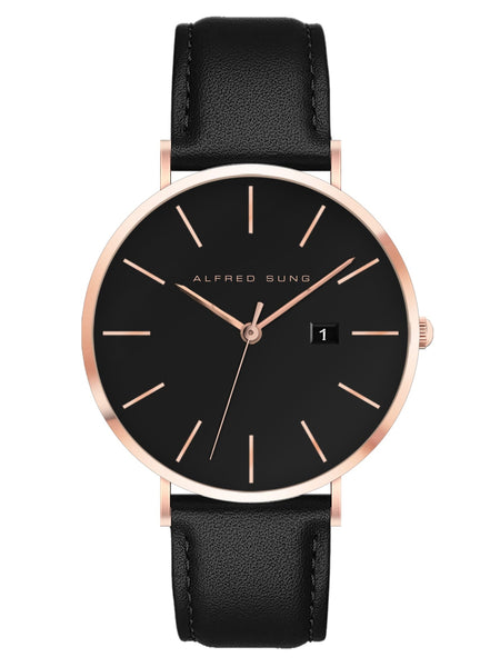 Alfred Sung Metropolitan Date Black Dial Black Leather strap watch