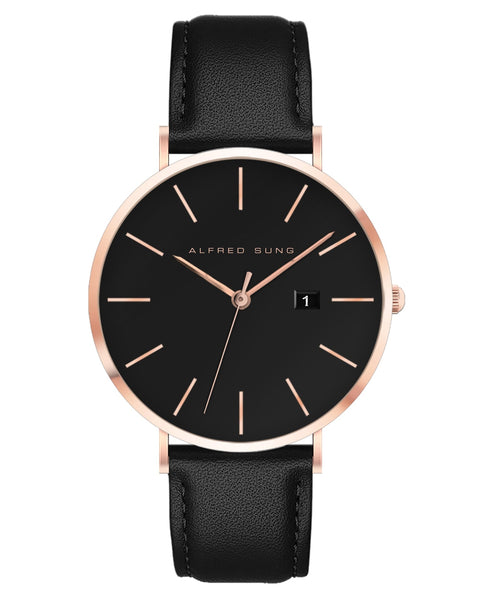 Alfred Sung Metropolitan Date Black Dial Black Leather strap watch