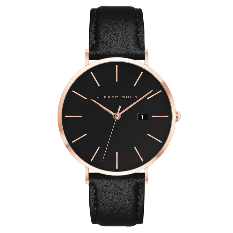 Alfred Sung Metropolitan Date Black Dial Black Leather strap watch — Metropolitan Date Black Dial Black…