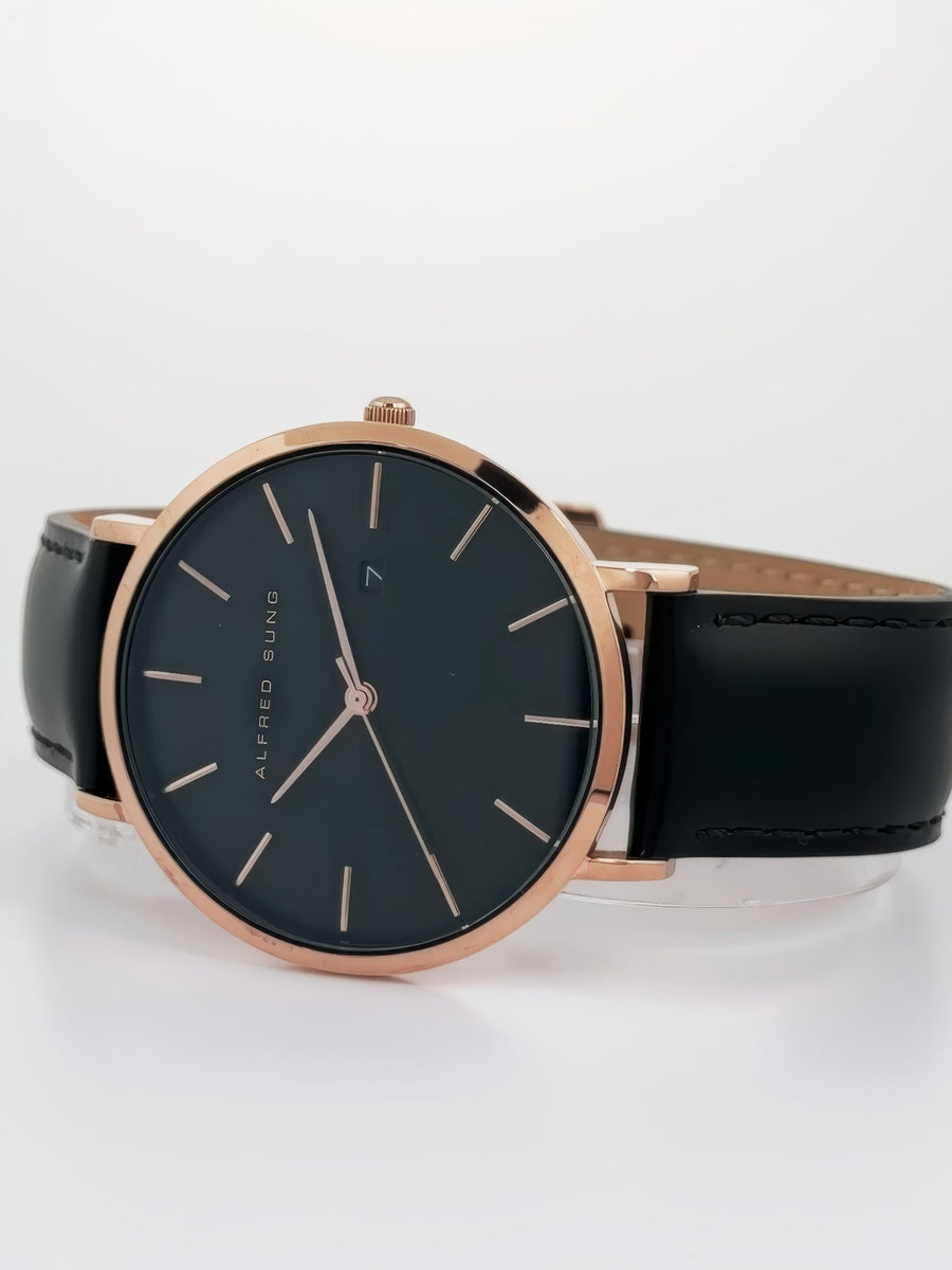 Alfred Sung Metropolitan Date Black Dial Black Leather strap watch