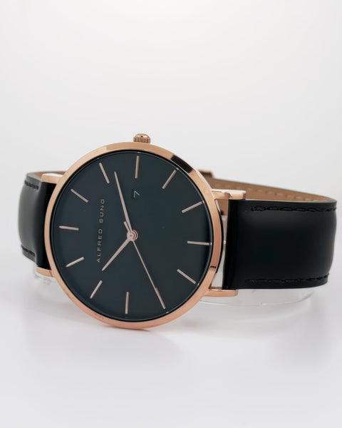 Alfred Sung Metropolitan Date Black Dial Black Leather strap watch