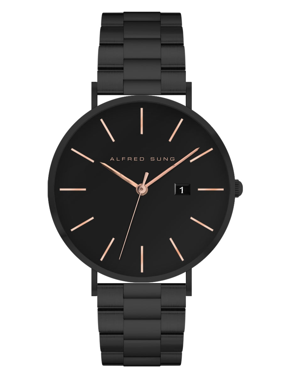 Alfred Sung Metropolitan Date Rosegold Accents Black Bracelet watch