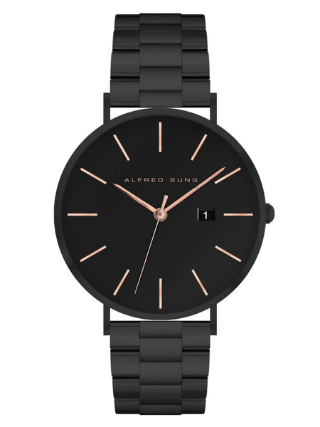 Alfred Sung Metropolitan Date Rosegold Accents Black Bracelet watch