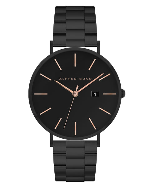 Alfred Sung Metropolitan Date Rosegold Accents Black Bracelet watch