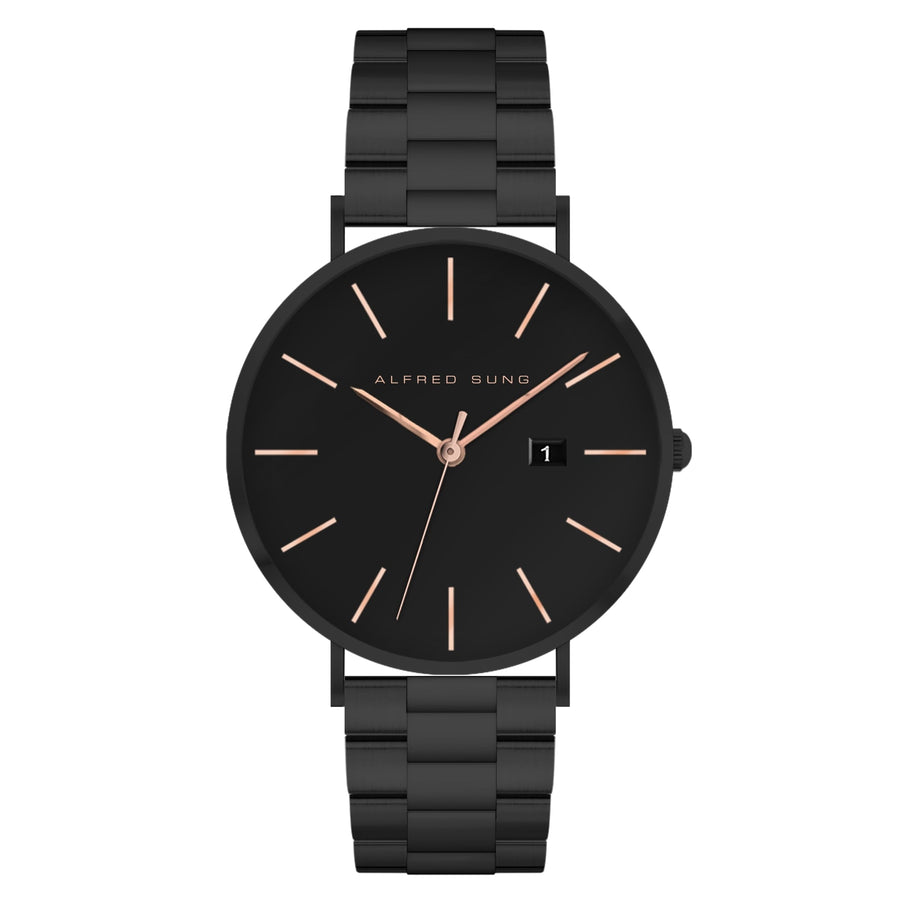 Alfred Sung Metropolitan Date Rosegold Accents Black Bracelet watch — Metropolitan Date Rosegold Accents Black…