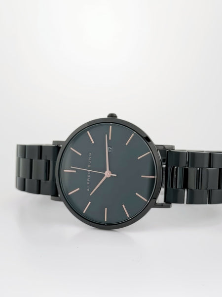 Alfred Sung Metropolitan Date Rosegold Accents Black Bracelet watch