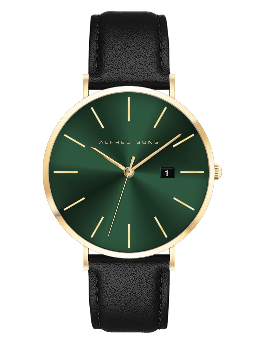 Alfred Sung Metropolitan Date Green Dial Black Leather Strap watch
