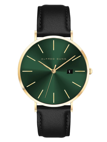 Alfred Sung Metropolitan Date Green Dial Black Leather Strap watch