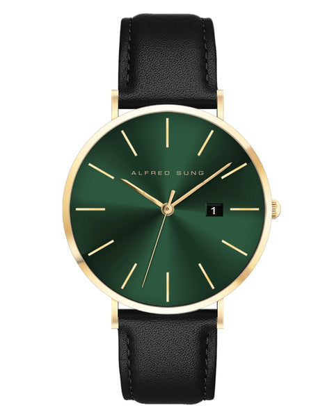 Alfred Sung Metropolitan Date Green Dial Black Leather Strap watch