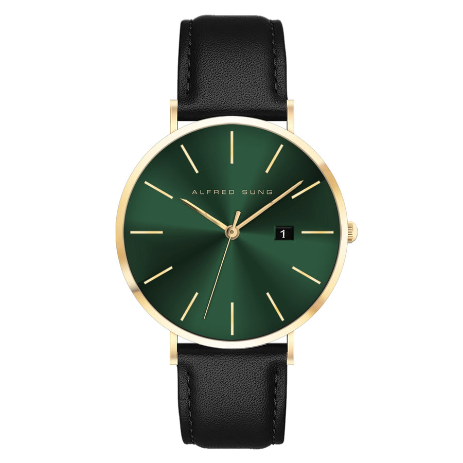 Alfred Sung Metropolitan Date Green Dial Black Leather Strap watch — Metropolitan Date Green Dial Black…