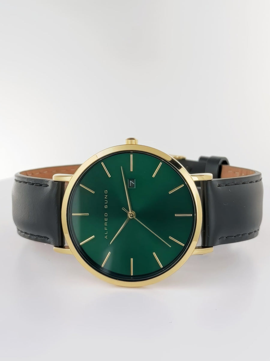 Alfred Sung Metropolitan Date Green Dial Black Leather Strap watch
