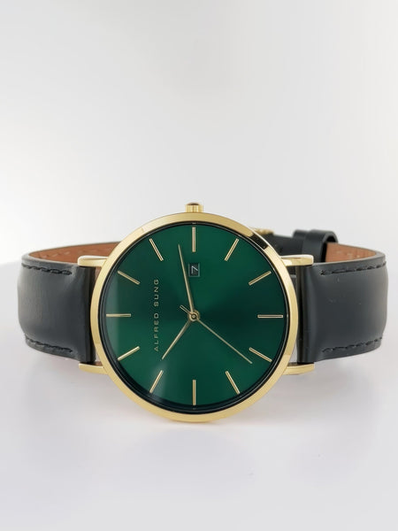 Alfred Sung Metropolitan Date Green Dial Black Leather Strap watch