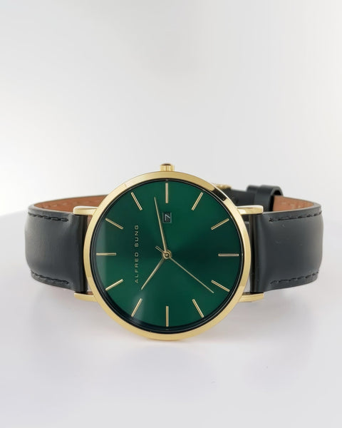 Alfred Sung Metropolitan Date Green Dial Black Leather Strap watch
