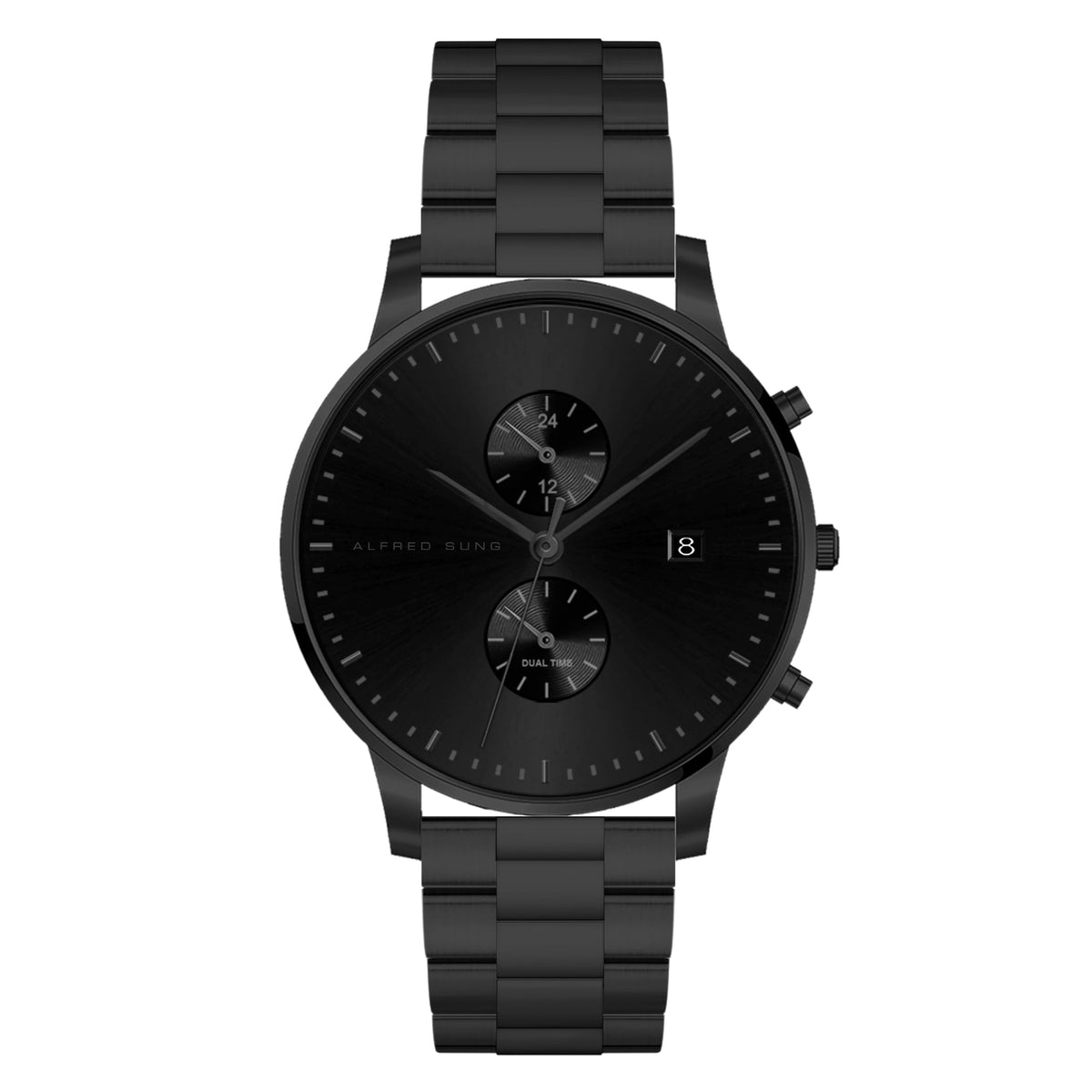 Alfred Sung Dual Time with Date Black Dial & Bracelet watch — Dual Time with Date Black Dial & Bracelet watch